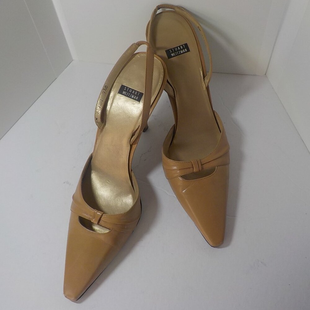 STUART WEITZMAN, Tan Leather, Notched Bow Detail Sling Back Pumps